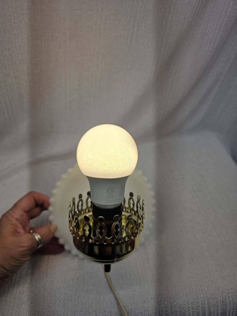 Vintage Milk Glass Beaded Edge Wall Sconce Lamp with Brass Crown Holder